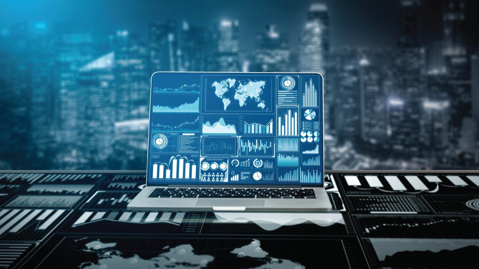STL digital dashboard showing global data analytics on laptop.