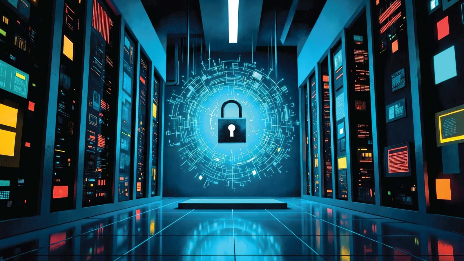 5G data center with advanced network security firewall and digital encryption lock.