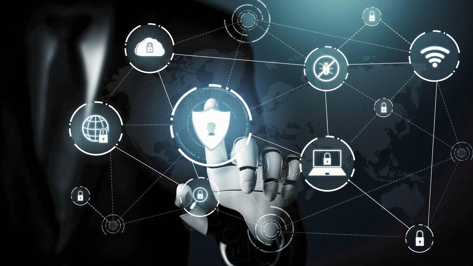 Network security concept with AI hand interacting with lock icons, highlighting BCN’s managed technology solutions.