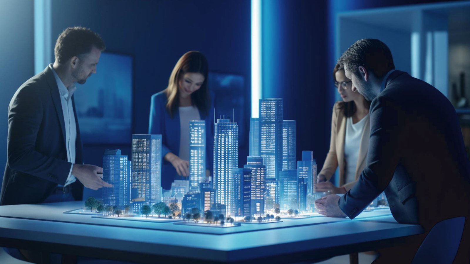 CRMLS agents collaborating on real estate development plans with a city model.