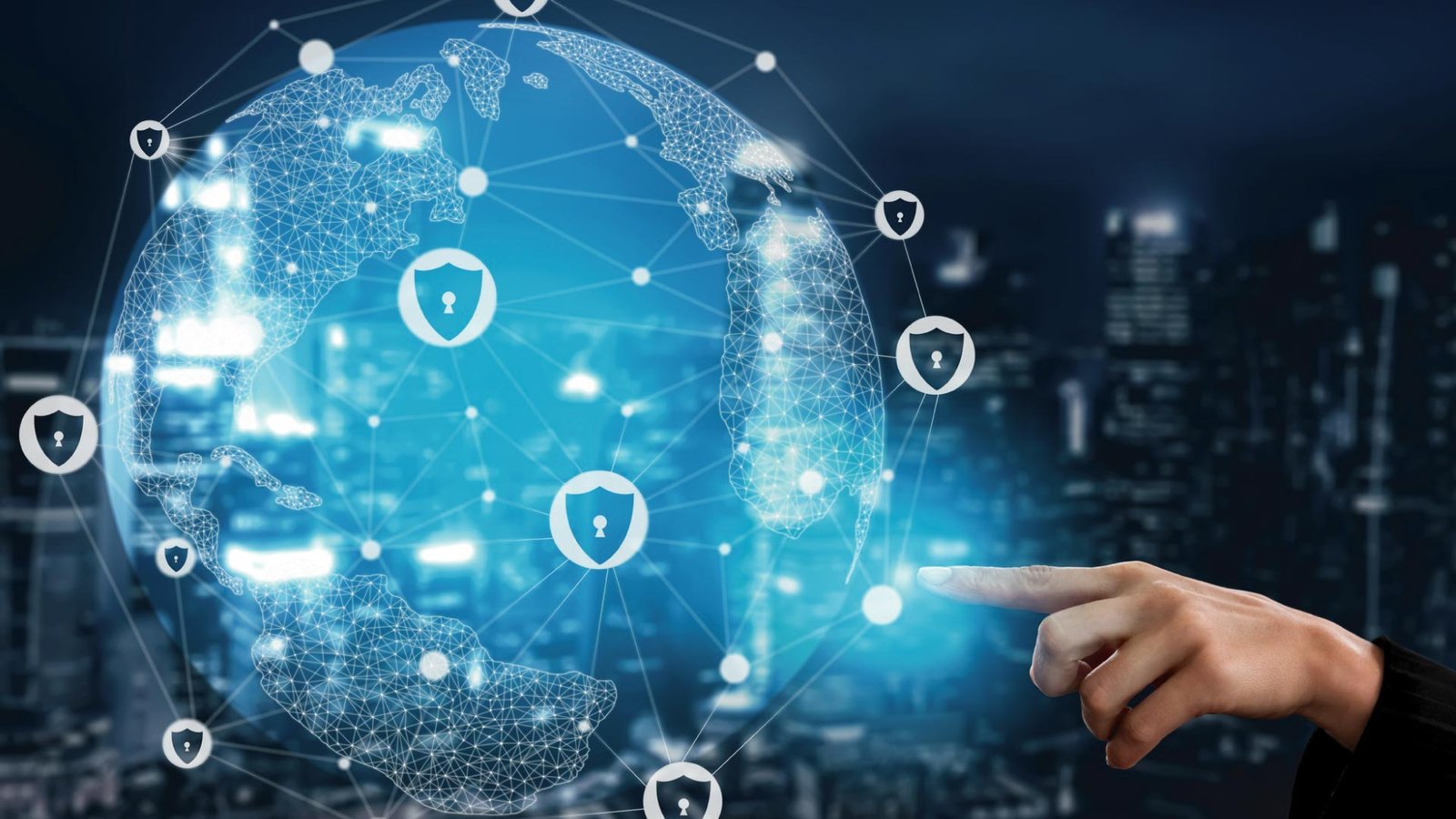 Mediacom digital network security concept with global fiber connectivity and cybersecurity icons.